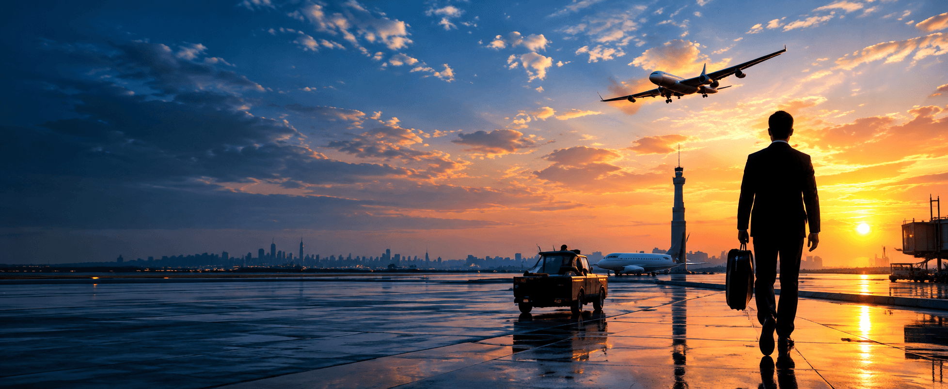 Business traveler watching aircraft take off toward international horizon at sunset