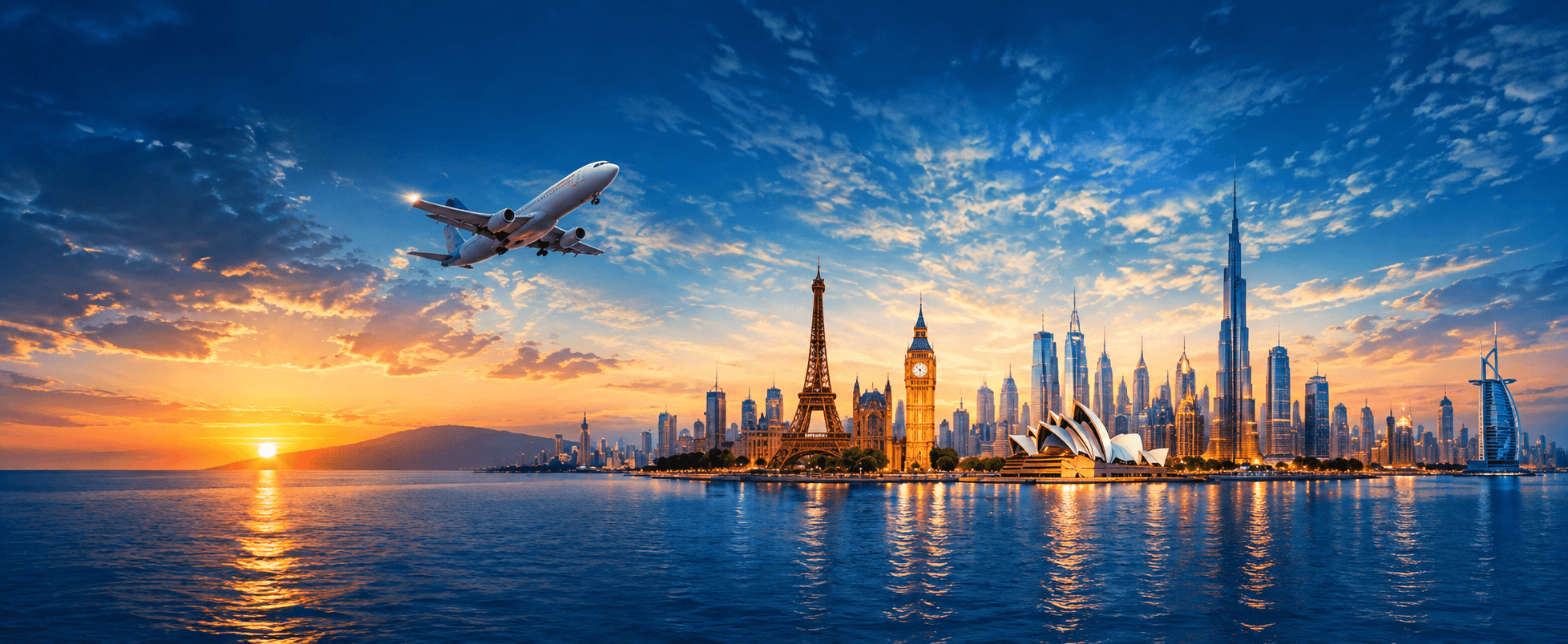World landmarks with a plane taking off