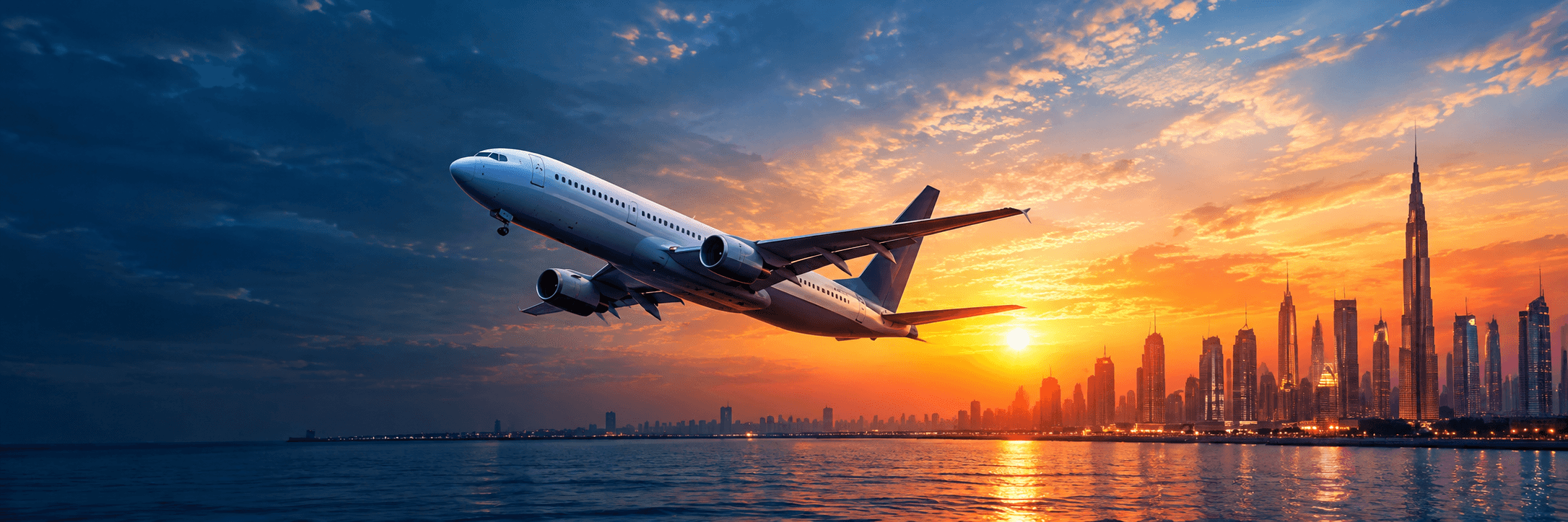 Airplane climbing into sunset over skyline and ocean