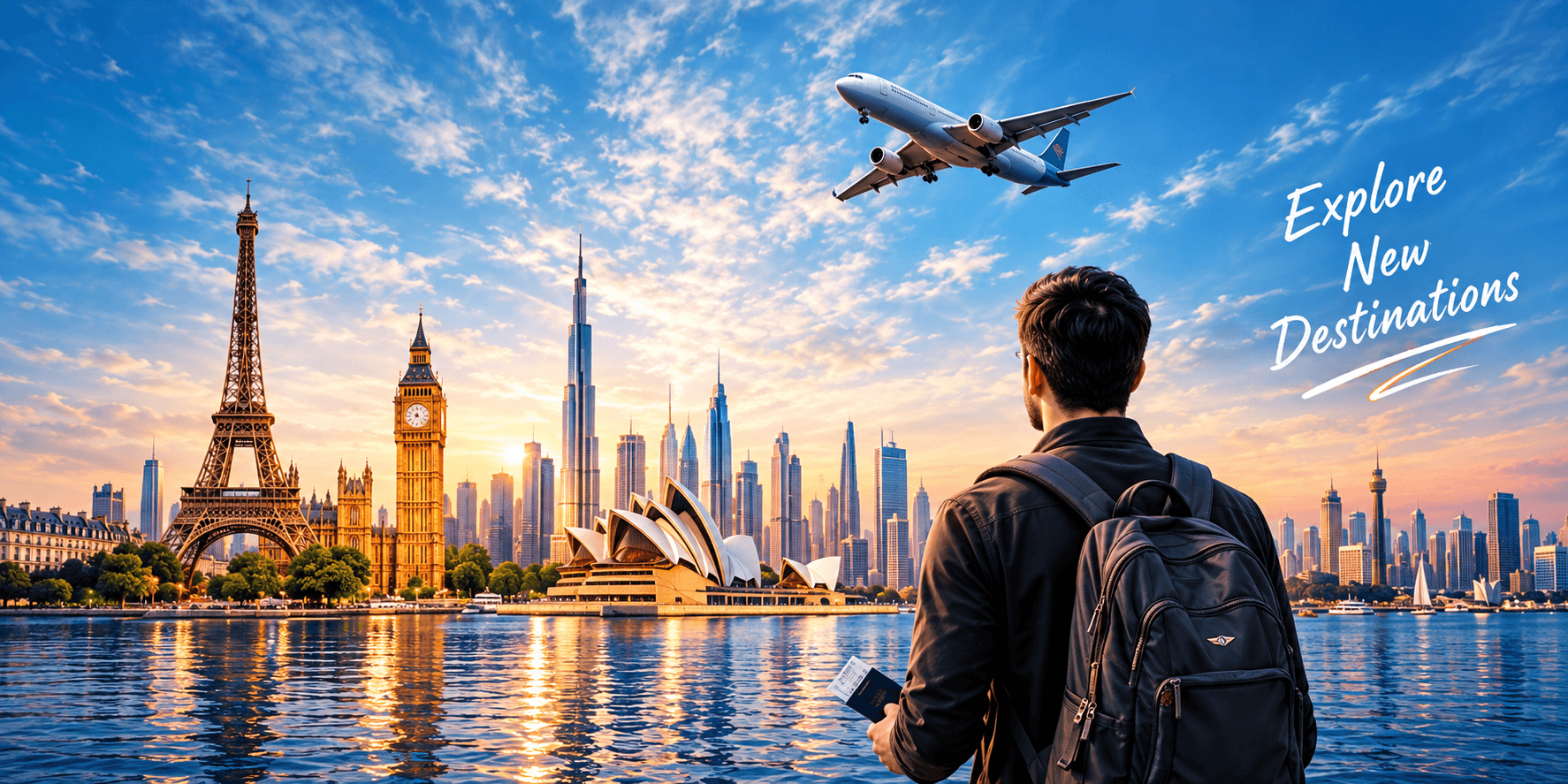 World landmarks — the Eiffel Tower, Big Ben and Burj Khalifa — with a plane taking off