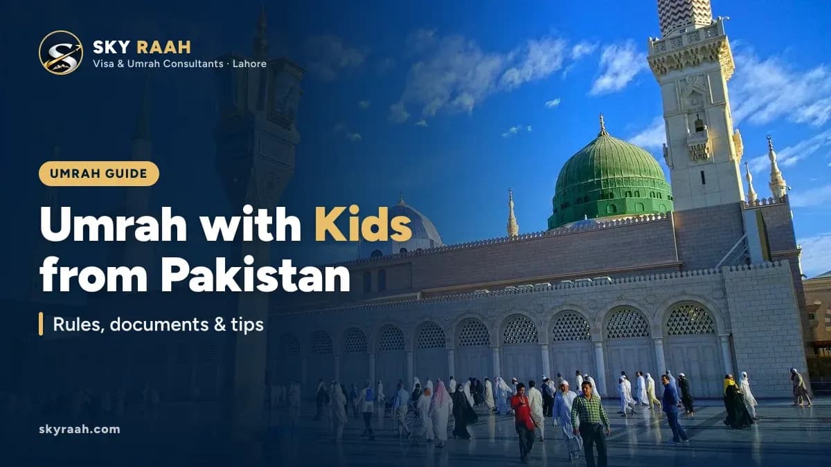 Umrah with Kids from Pakistan: Rules, documents & tips, over a photo of the Green Dome of Masjid an-Nabawi in Madinah