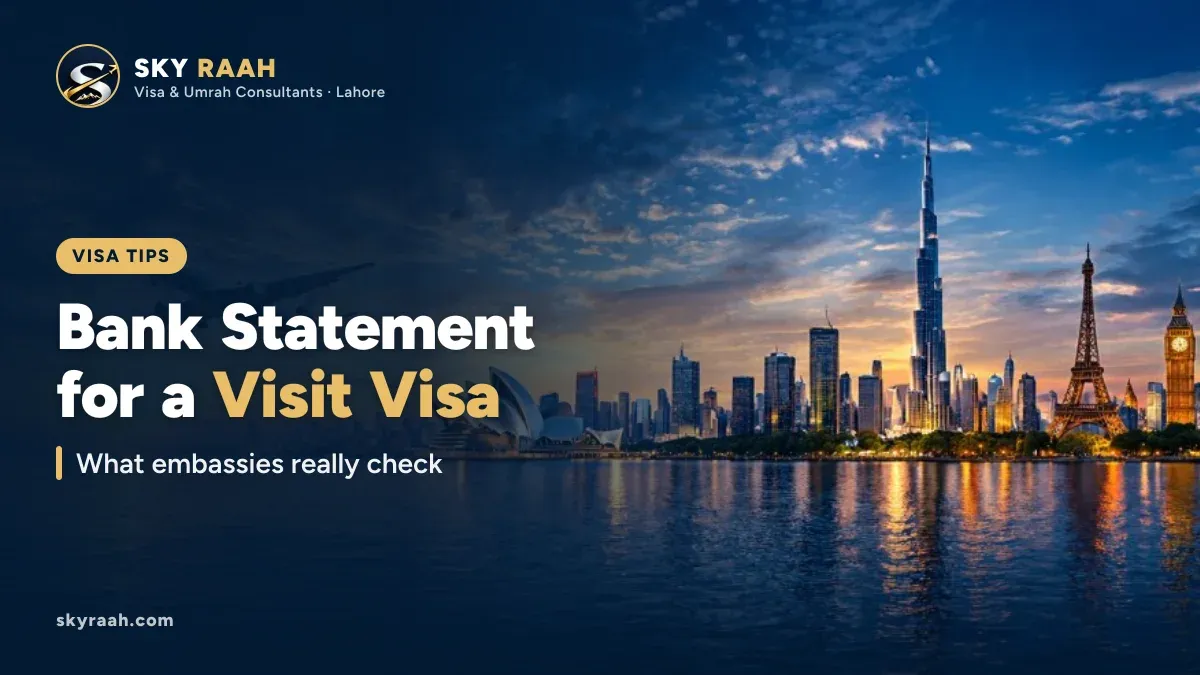 Bank Statement for a Visit Visa: What embassies really check, over a photo of a city skyline at sunset with a plane overhead