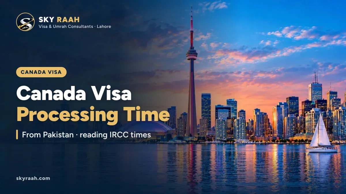 Canada Visa Processing Time: From Pakistan · reading IRCC times, over a photo of a Canadian landscape