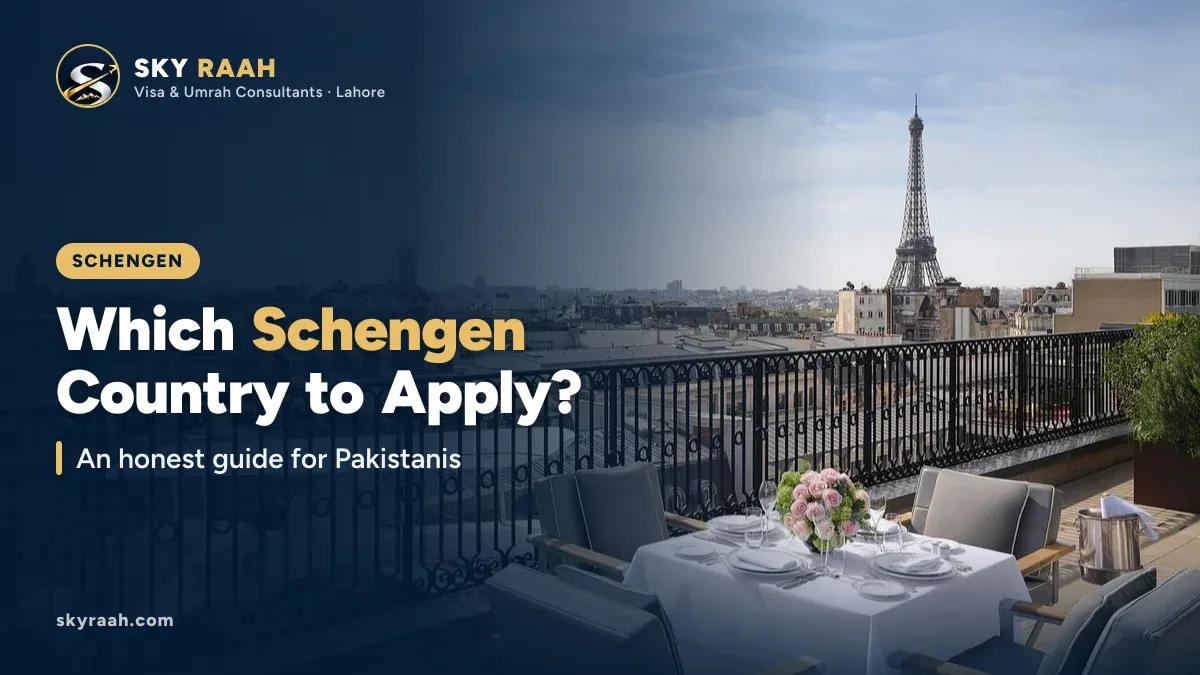 Which Schengen Country to Apply?: An honest guide for Pakistanis, over a photo of the Eiffel Tower seen from a Paris rooftop