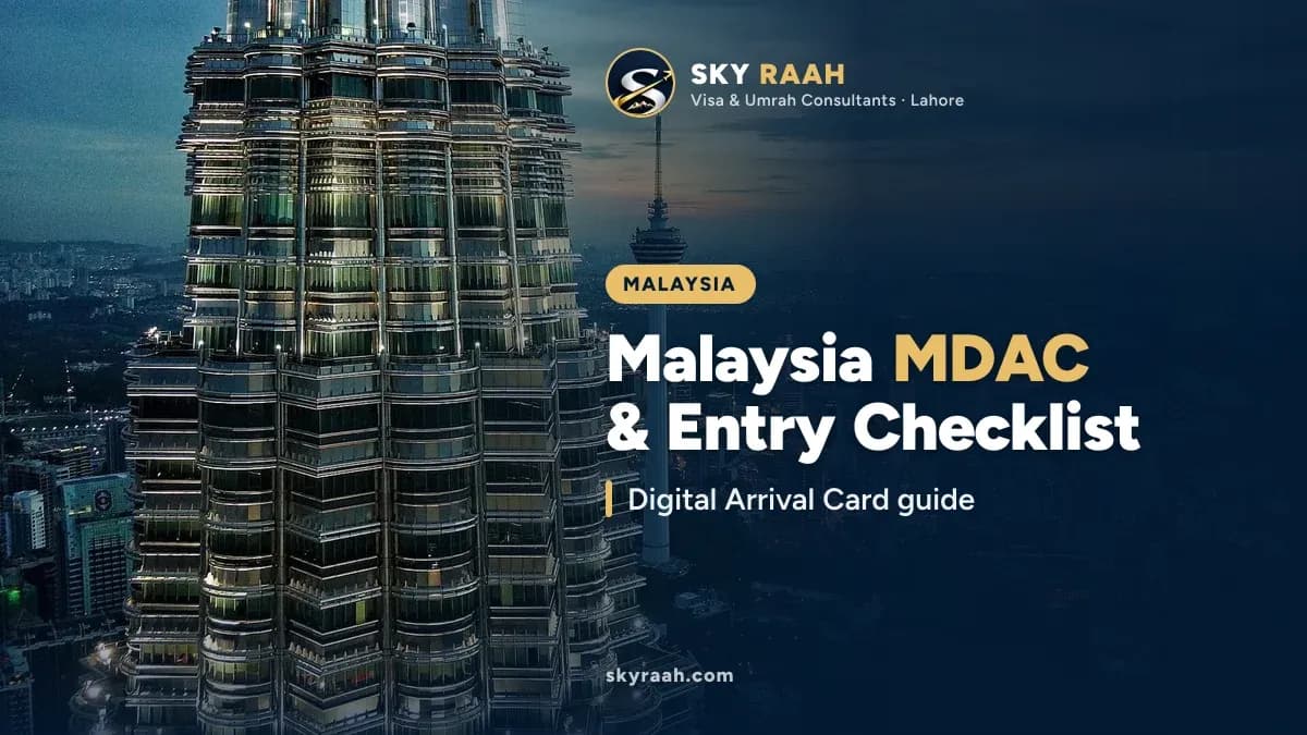 Malaysia MDAC & Entry Checklist: Digital Arrival Card guide, over a photo of the Petronas Towers and Kuala Lumpur at dusk
