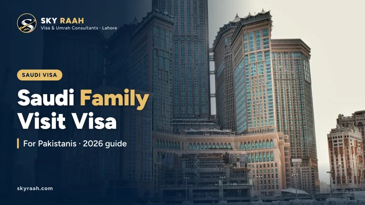 Saudi Family Visit Visa: For Pakistanis · 2026 guide, over a photo of the Makkah clock tower in Saudi Arabia